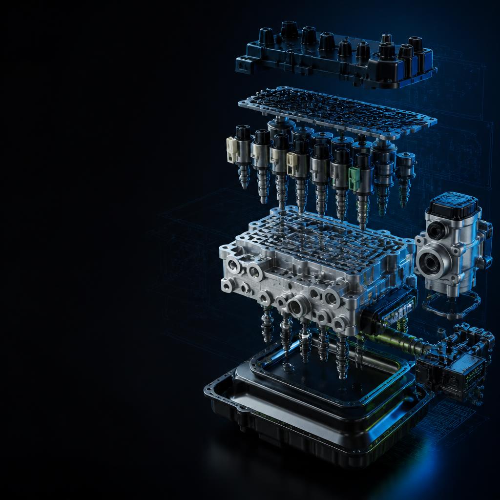 Illustrative 3D view of a transmission valve body, solenoids and hydraulic components